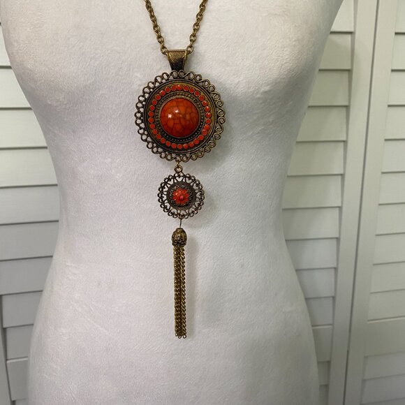 Vintage 70s Gold and Orange Pendant Necklace with Tassel Accent 29" #392 - Picture 3 of 6